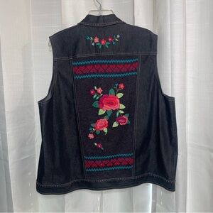 Alfred Dunner Black Dark Denim Embroidered Embellished Flowers Vest‎ Size 18